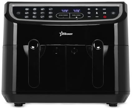 STARCREST Heißluftfritteuse mit 2 Kammern 9 Liter, Airfryer XXL 2 Fächer 9L, Doppelkammer Heissluftfritteuse perfekt für Pommes oder andere Air-Fryer Gerichte, Schwarz, 2400 Watt