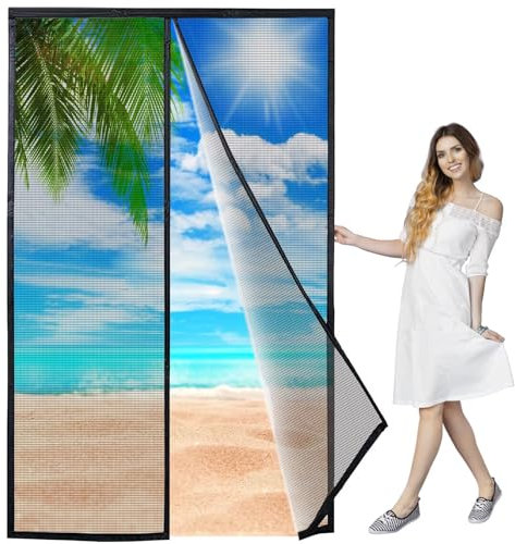 Fly Curtain for Patio Doors, 285x320 cm Double Hands Free Mesh Screen Door, DIY Retractable Garage Door Screen, Easy to Install Innovative, Black