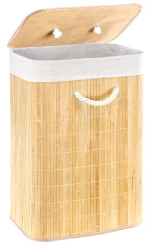 GEEZY Bamboo Laundry Hamper with Lid 72L, Brown - Foldable Laundry Basket, Removable Fabric Liner Bag, Sturdy Rope Handles - Collapsible Washing Bin for Bedrooms, Bathrooms, Dirty Clothes Storage
