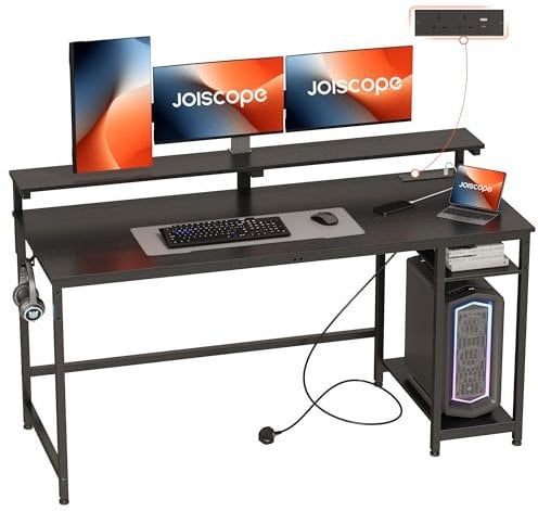 JOISCOPE Computer Desk, 152cm Gaming Desk with Power Outlets, USB & Type-C and Shelves, Black Desk with Tabletop PC Stand and Hooks, Home Office Desk for Work Play Study Bedroom Home Office, Black