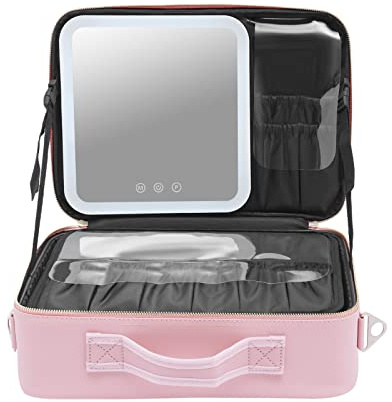 Rosa Schminktasche Kosmetikkoffer Kosmetiktasche mit Spiegel und 3 Farben LED Licht Handtasche Kosmetika Organizer Make-up Tasche