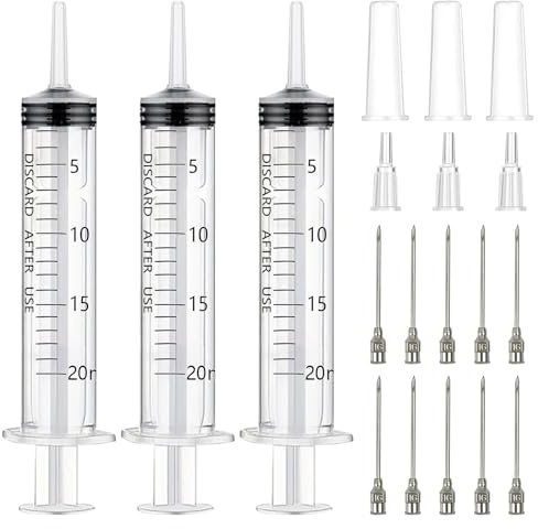 3 Stück Spritzen 20mL, Plastikspritze mit Edelstahl Nadeln | Wiederverwendbare Kunststoffspritzen für Halloween Pflanzenbewässerung, Tierfütterung, Wissenschaftliche Labors