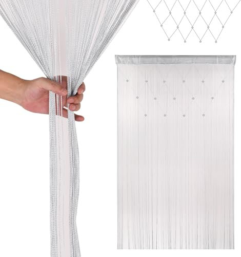 Trimming Shop Glitter Beaded String Curtains Polyester Fly Screen Room Divider Fringe Panel Spaghetti Tassel Curtain Decorative for Doorway, Windows & Event Decoration, 200cm x 100cm, Silver