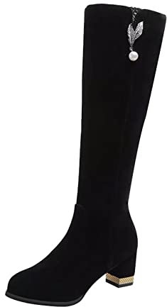 Generico Stivali Tacco 5 Cm Stivaletti Donna Primavera Scarpe da donna Stivali lunghi in pelle scamosciata tinta unita Stivali al ginocchio con tacco e strass di Stivaletto Primavera Donna (Black, 39)