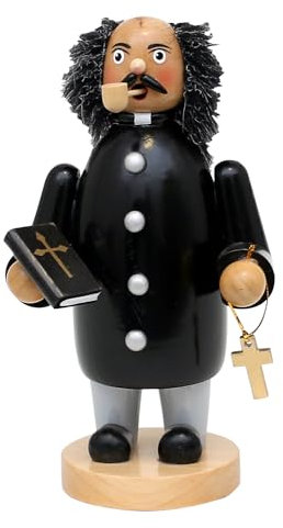 Holz Rauchfigur, Räucherfigur, Räuchermännchen, Räuchermann als Pfarrer mit Bibel und Holzkreuz in der Hand in schwarz, L/B/H 12 x 9 x 20 cm.
