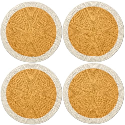 Encasa XO Placemats, Round Cotton Handcrafted Mats 32 cm Yellow | Handcrafted Coiled Rope Cotton | Ribbed Texture | Non-Slip Heat Protection | Machine Washable | Set of 4
