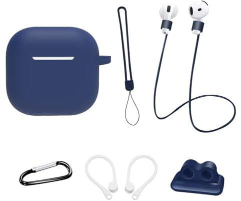 Silikon Schutz-hülle für Airpods 4 Generation (2024): AIYAAIYA 8-in-1-Zubehörset für Airpod mit Apple Watch-Halterung/Schlüsselanhänger/Anti-Verlust-Seil/Gurt/Ohrbügel (Blau)