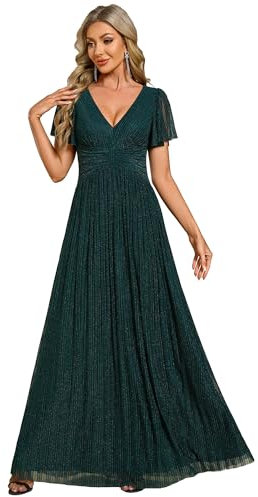 Ever-Pretty Kleid Elegant Damen Festlich Lang Ballkleid Maxi Hell Abendkleider Elegant für Hochzeit A Line Kurze Ärmel Blaugrün 54