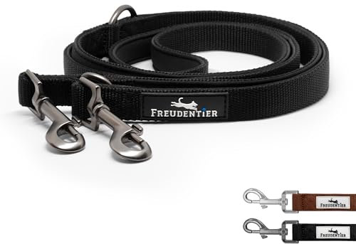 FREUDENTIER Hundeleine 2m – Verstellbare Führleine - Weich gepolstert, liegt angenehm in der Hand - Robuste Leine Hund für mittelgroße & große Hunde - Model Clyde (Schwarz, 25mm)
