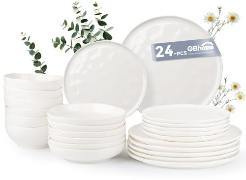 GBhome Steingut Geschirrset 6 Personen, 24-tlg Reaktive Glasur Handarbeit Geschirr Set, Mikrowellen- & Spülmaschinenfest Schüssel- und Teller Set, Mondlicht Weiß