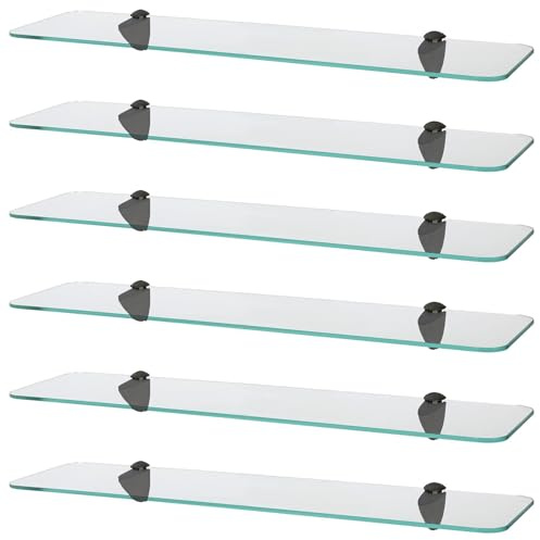 Harbour Housewares Rounded Floating Glass Bathroom Shelves - 60cm - Clear/Black - 6x Wall-Mounted Kitchen Bedroom Shower Room Décor Caddy Towel Storage Organiser Shelving Rack with Brackets