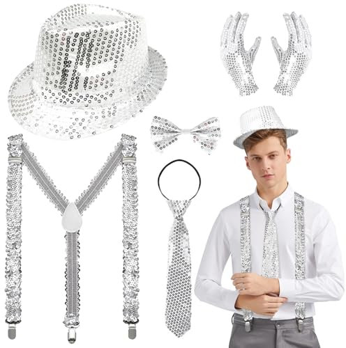 Lunriwis Glitzer Outfit Herren 5er Set,Glitzer Hemd Fasching Herren,Hut Glitzer Kostüm,Pailletten Fliege,krawatte,Handschuhe für Fasching Kostüm Disco Party Performance