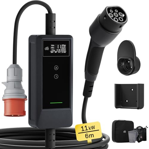 dé Mobile Wallbox/Ladestation 11kW [6m|3-phasig|6-16A] Ladekabel CEE 16A auf Typ 2 mit Einstellbarer Ladeleistung Ev Charger Wallbox 11kw für Model Y/3 e-tron und BEV/PHEV