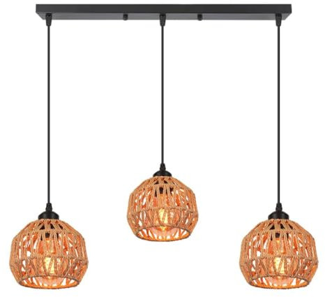 TOKTOP 3 Lampes Suspension Luminaire Rotin Vintage Lustre Boheme Style Lampe de Plafond E27 Éclairage Décoration Suspension pour Salon Cuisine Restaurent
