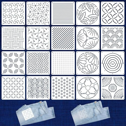 Zernblend 20 Stück Sashiko Stencil Set, 5,1 X 5,1 Zoll Plastikschablonen für Geometrische Muster, Handquilten, Nähen Und Textilgestaltung, Buchstaben Schablone, Prägeschablonen