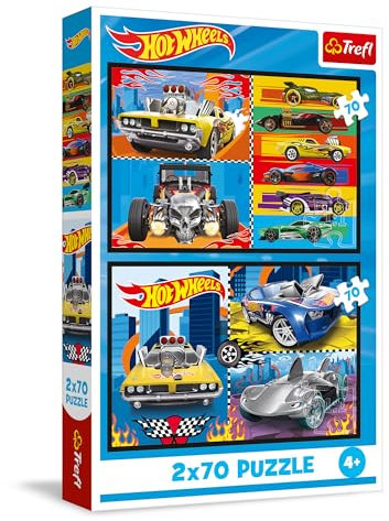 Trefl – 2in1 Puzzle: Hot Wheels, Autos - 2 x 70 Teile, Set mit Zwei Puzzles für Kinder ab 4 Jahren