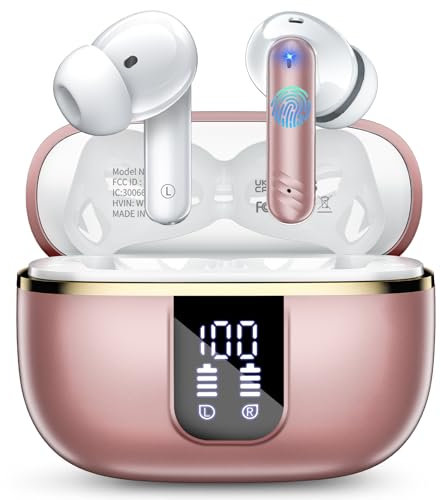 Cuffie Bluetooth, Auricolari Bluetooth 5.4 In Ear HiFi Stereo, Cuffie Senza Fili con 4 ENC HD Mic, 38 Ore cuffie wireless IP7 Impermeabili, Cuffiette Sport LED Display, per Androide/iOS, Oro Rosa