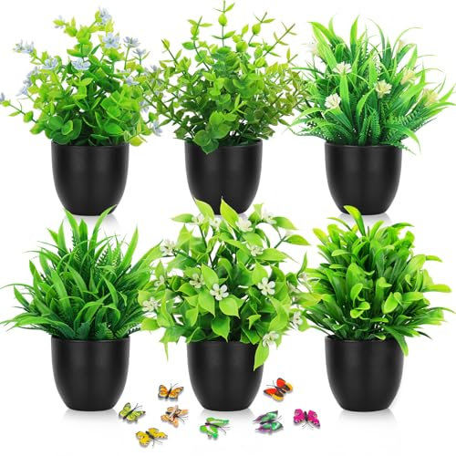 BELICOO 6 Pcs Small Fake Plants in Pots, Small Artificial Plants Indoor Outdoor, 6 Different Shaped Plastic Flowers Plants, Bathroom Plants for Home Garden Office Desk Shower Room Decoration