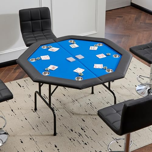 Mingone Achteckig Pokertisch Klappbar für 8 Spieler, Poker Table 120x120 cm | Getränkehalter aus Edelstahl Spieltisch, Blackjack, Roulette Tisch, Deko Casino Pokermit, gepolsterte Armauflage blau