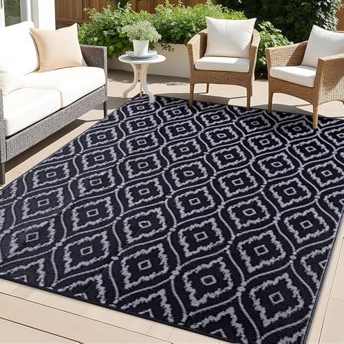 Homaxy Waterproof Outdoor Rug 180 x 270 cm, UV Resistant Reversible Plastic Straw Garden Rug, Portable Easy Cleaning Carpet for Patio, Camping, Balcony, Picnic, Black & Grey
