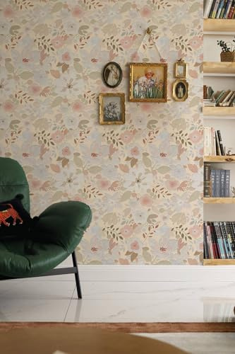 ICYEHAO Self Adhesive Wallpaper Floral,44 x 1000 cm Pink and Blue Floral Wallpaper Green Leaf Plants Pale Flower Wall Paper Self Adhesive Furniture Wrap for Living Room,Bathroom,Cabinet,Drawer
