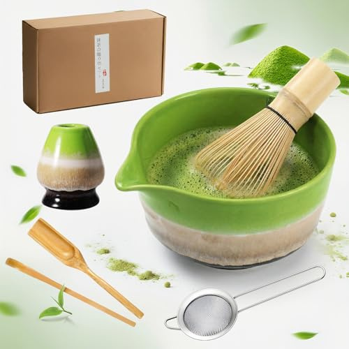 Lot de 6 fouets à thé matcha, bol à matcha en céramique avec bec verseur, kit de démarrage complet pour débutants et amateurs (dégradé de vert)