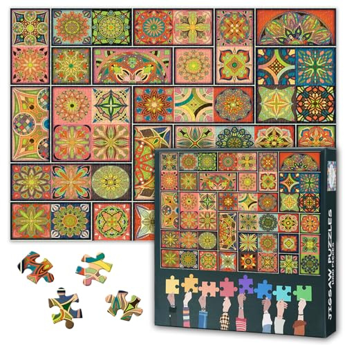 Vintage-Puzzles für Erwachsene, 1000 Teile, farbenfrohes Patchwork-Puzzle mit 1000 Teilen, nahtloses Muster mit dekorativen Mandalas, 50x70 cm