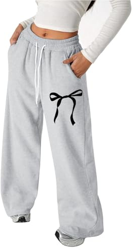 Generisch Pantalon de jogging baggy 2026 avec nœud pour fille, pantalon de sport léger à jambes droites avec poches, pantalon de survêtement pour fille, gris, 10-11 ans