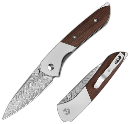 Kizer Spitfire EDC Taschenmesser, Damaskus Klinge Camping Klappmesser | 8 cm Gefrästem Drop-Point-Schliff Klinge und Mkuruti-Holz Griff, EDC-Messer für Männer und Frauen V3690A3