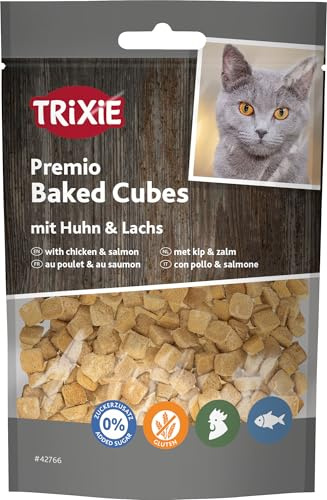 TRIXIE Katzenleckerli Premio Baked Cubes mit Huhn & Lachs – 50 g | Leckere Belohnung für jeden Tag – knusprig im Ofen gebacken, ideal für zwischendurch, mit Huhn und Lachs