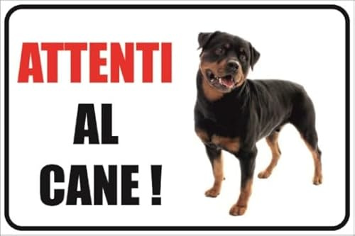 Cartello Attenti al Cane Alluminio Dibond 3mm da Esterno con 4 Fori 30x20 cm Cane Rottweiler