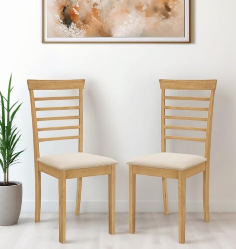 Hallowood Furniture Ledbury Dining Chairs Set of 2 with Ladder Back Design | Pair of Modern Light Oak Wooden Chairs with Warm Cream Fabric Seat Pad, Solid Wood Furniture for Home, Restaurant and Cafe
