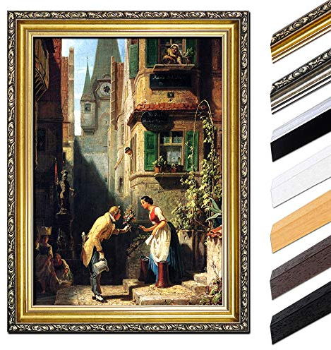 Bild mit Rahmen - Carl Spitzweg Der ewige Hochzeiter Außenmaß 50x40 cm - Gerahmtes Leinwandbild Alte Meister - Antiker Rahmen Gold Barock, Klassisch