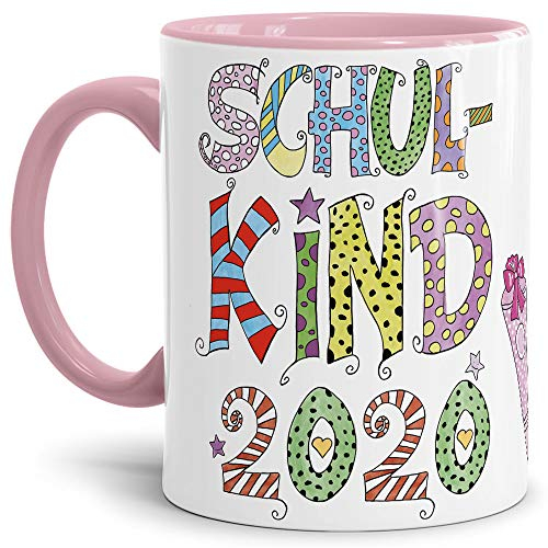 Tassendruck Geschenk Tasse zur Einschulung für Kinder mit Spruch - SCHULKIND 2020 - Geschenkidee zum Schulanfang/Erinnerung Schulbeginn/Erstklässler 2020 Mädchen - Innen & Henkel Rosa