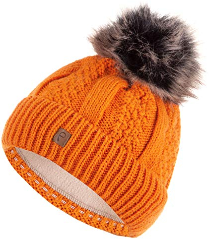 Faera Wintermütze Mütze Damen warm gefüttert Kunstfell Bommelmütze Zopf-Strickmuster Fleecefutter Bommel Winter Herbst Strickmütze Beanie Mädchen 61, Farbe:Orange