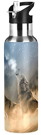 Vnurnrn Art Mignon Cadeau Loup Animal Bouteille d'eau Isotherme avec Paille en Acier Inoxydable Gourde 600ML, Sans Bpa Gourdes Eau pour Enfant Sport Randonnée École Bureau