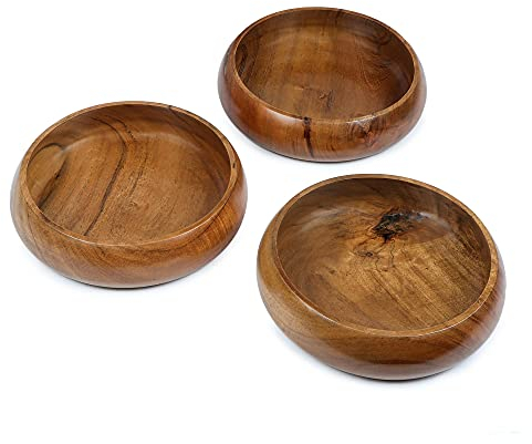 LAVAUX DESIGNS Wooden Bowls for Food | Set of 3 Individual Acacia Wood Bowls 20 x cms (740 ml) | Enjoy Your Salad, Pasta, Rice, acai, Smoothie, Soup, Fruits, Snacks