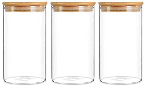 HOCHSTE Glass Food Storage Jars Containers, Food Cookies Jars with Airtight Bamboo Lid, Kitchen Canisters for Coffee, Flour, Sugar, Candy, Cookie - 3 Pcs, 900 ml