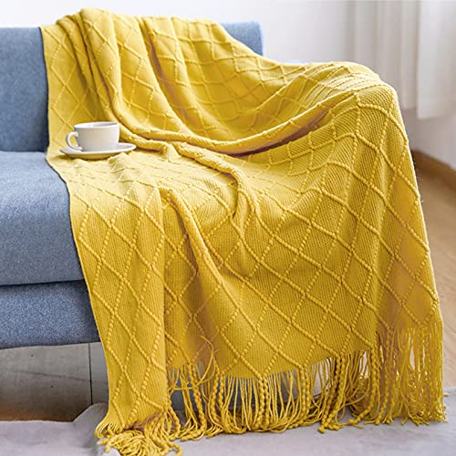 LumiSyne Gestrickte Decke Mit Quaste Einfarbig Geometrische Muster Kuscheldecke Strickdecke Tagesdecke Überwurf Couchdecke Dekorative Decke Für Sofa Bett Gelb 230x130cm