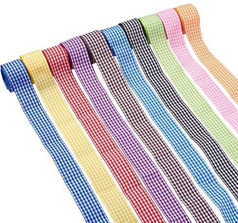 Pandahall Lot de 10 rouleaux de ruban vichy de 2,5 cm de couleur mélangée en polyester pour la fabrication de nœuds, la couture, l'emballage de cadeaux, mariage, fête de mariage