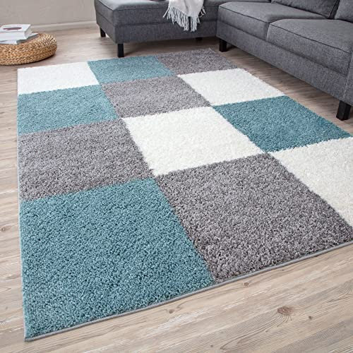 THE RUGS Area Rug – Modern Luxury Shaggy Rug, Multicolour Pattern Carpet, Ultra Soft for Bedroom, Living Room, Kids Room, (80x300 cm, Duckegg Blue)