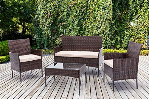 mcc direct 4pcs Large Full Size Rattan Outdoor Garden furniture sofa set with 2x Armchairs 1x Double Sofa & 1 table for indoor & outdoor (Roger) (Brown)