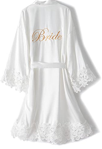 UrHot Women's Bride Bridesmaid Robe with Lace Trim Wedding Party Kimono Robes Soft Satin Bathrobe Getting Ready, White, One Size
