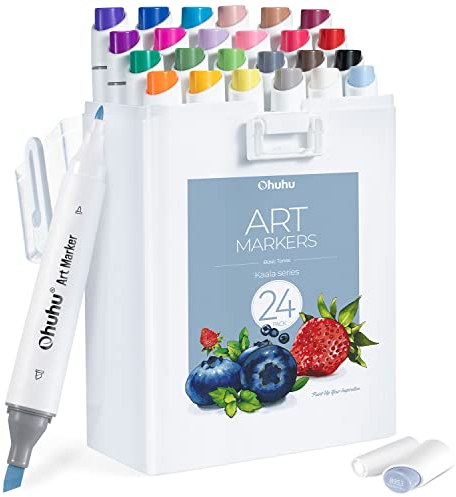 Ohuhu Alkohol Marker, 24 Farben Schlank Breit und Fein Doppelte Spitzen Alkohol Marker für Künstler Erwachsene für Architektur Zeichnungen Mode Design Illustrationen Färbung - Ohuhu Marker Kaala-Serie