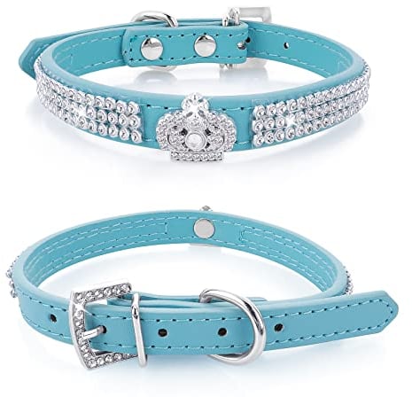 cobee Hundehalsband mit Strass, verstellbares Katzenhalsband Bling Pu Leder Welpenhalsband Kristall Haustierhalsbänder für kleine Hunde Katzen Halsbandzubehör(Blau)