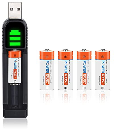 PowerTrust 4Pcs LR1 N E90 910A AM5 Battery Rechargeable Ni-Mh Battery with Charger for Solar Car Prayer Wheel, laser pointer, vehicle electronics, flashlights