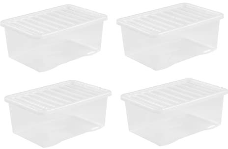 4 x 45L Plastic Storage Boxes Crystal Clear Box & Lid Suitable for all around the Home Office and Workplace Stackable Nestable Large Strong Boxes – 60 x 40 x 25 cm