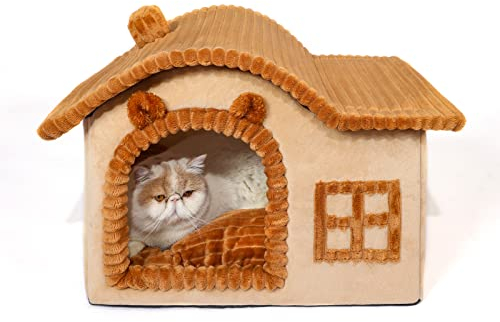 Jiupety Bear Cat Houses for Indoor Cats, Chimney Cute Cat Bed Cave, Enough Interior Space, Cartoon Soft Pet House Up to 3-10 lbs Kitten, Brown