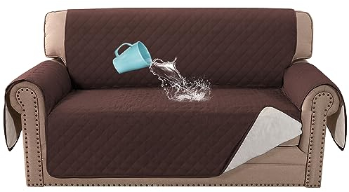BellaHills Sofabezug, 100 % wasserdicht, 2-Sitzer-Couchbezüge, Sofa-Schonbezüge mit elastischen Bändern, dreifach rutschfest, Zweisitzer-Sofabezug, Möbelschutz für Kinder (Zweisitzer, 137,2 cm, Braun)