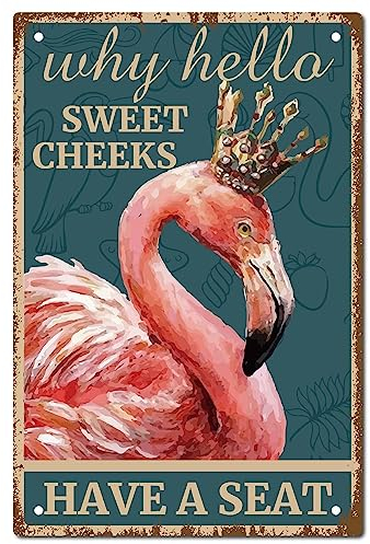 CREATCABIN Flamingo Vintage Schild Metall Blechschild Wandkunst Dekor Why Hello Sweet Cheeks Retro Gemälde Poster Plakette Dekor Für Badezimmer Küche Café Wand Halloween 30x20cm